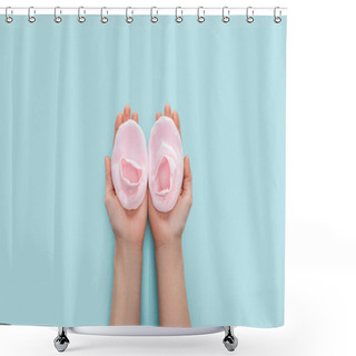 Personality  Partial View Of Adult Woman Holding Pink Booties On Blue Background With Copy Space Shower Curtains