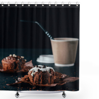 Personality  Sweet Chocolate Muffins With Cup Of Coffee On Table Shower Curtains