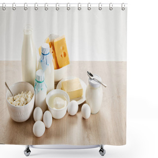 Personality  Delicious Organic Dairy Products And Eggs On Wooden Table Isolated On White Shower Curtains