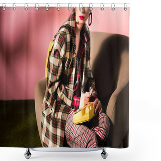 Personality  Cropped View Of Girl In Checkered Suit Posing In Armchair With Vintage Telephone On Pink Background Shower Curtains