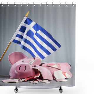 Personality  Robbed Piggy Bank With Greece Flag Shower Curtains