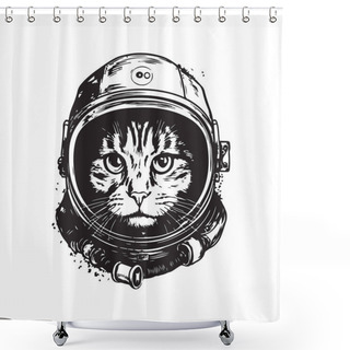 Personality  Cat Astronaut, Vintage Logo Line Art Concept Black And White Color, Hand Drawn Illustration Shower Curtains