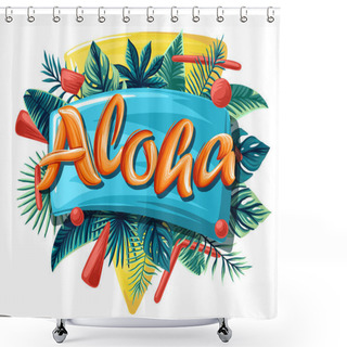 Personality  Aloha Hawaii Tropical Leaves Bright Banner Orange Letters Shower Curtains