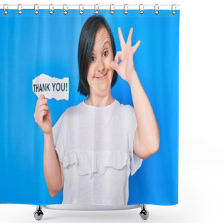 Personality  Brunette Woman With Down Syndrome Holding Thank You Paper Doing Ok Sign With Fingers, Smiling Friendly Gesturing Excellent Symbol  Shower Curtains