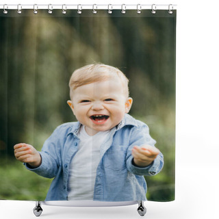 Personality  Child Outdoors In Nature. Happy Boy. Funny Baby Boy Isolated On A Background Of Green Trees. Portrait Of Cute Kid Boy. Shower Curtains