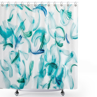 Personality  Seamless Background With Multicolored Green And Blue Lightweight Feathers Isolated On White Shower Curtains