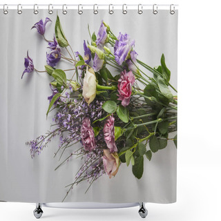 Personality  Top View Of Violet Flower Bouquet On White Background Shower Curtains