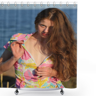 Personality  Outdoor Portrait Of Beauty Redhead Model Posing On Nature Background At Daytime Shower Curtains
