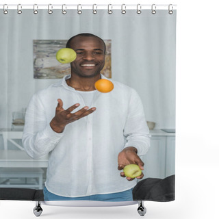 Personality  Handsome African American Man Juggling With Fruits At Home Shower Curtains