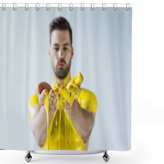Personality  Handsome Bearded Man Showing Hands Covered In Yellow Paint Isolated On White Background Shower Curtains