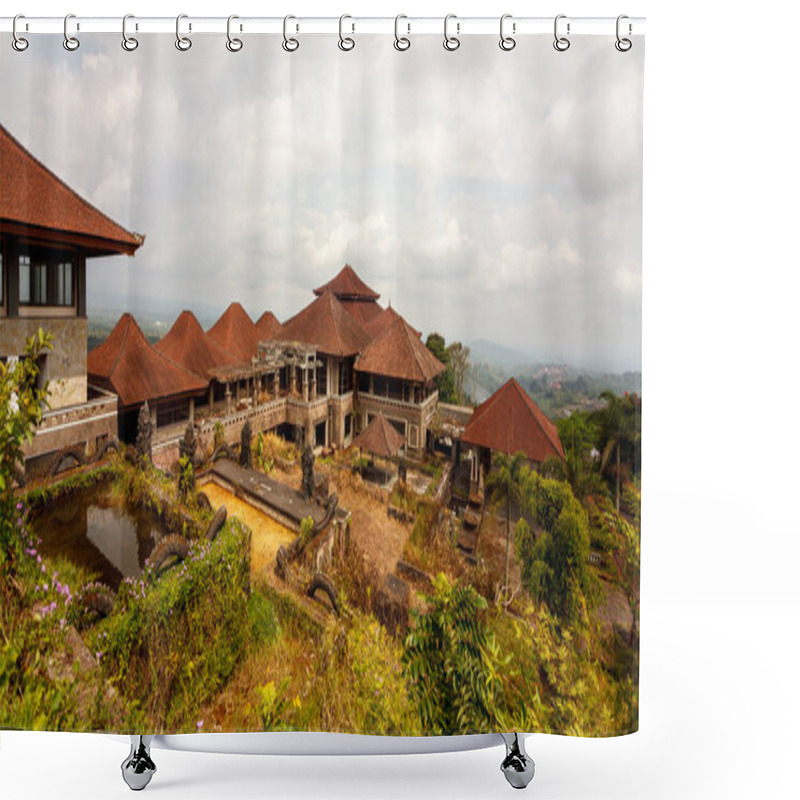 Personality  Abandoned Hotel. Grass Through Stone. Aancient Face. Mysterious Hotel Without Visitors Or Tourists. View Of Five-star Hotel And Tropical Island. Trip To Bedugul, Indonesia, Bali Island Shower Curtains