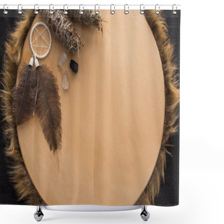 Personality  Top View Of Smudge Sticks, Crystals And Dreamcatcher On Tambourine On Dark Wooden Background Shower Curtains
