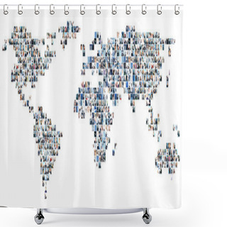 Personality  Collage Of Different Business Pictures Collected As World Map. Finance, Success, Technology, Communication, Market, Time And Money Concept. Shower Curtains