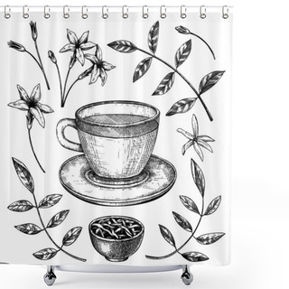 Personality  Hand-sketched Jasmine Tea In A Glass Mug Illustrations. Vector Sketch Of Hot Drink In An Elegant Cup, Dried Leaves, Jasmine Blossom. Green Tea Drawing For Menu Design On White Shower Curtains