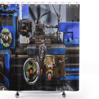 Personality  Close Up View Of Industrial Machine Tool At Factory Shower Curtains