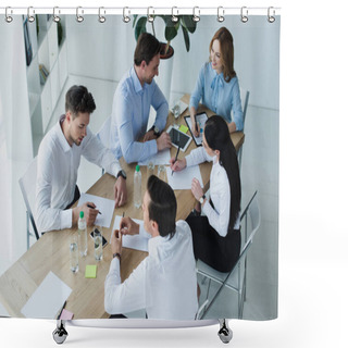 Personality  High Angle View Of Business Colleagues At Workplace With Papers In Office Shower Curtains