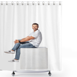 Personality  Happy Man In Denim Jeans Sitting On Cube And Looking At Camera On White Shower Curtains