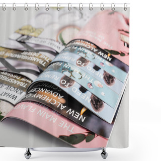 Personality  Close Up View Of Colorful Magazines On Grey Background Shower Curtains