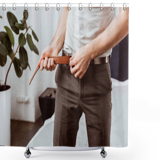 Personality  Partial View Of Businessman Putting On Belt In Bedroom At Home Shower Curtains
