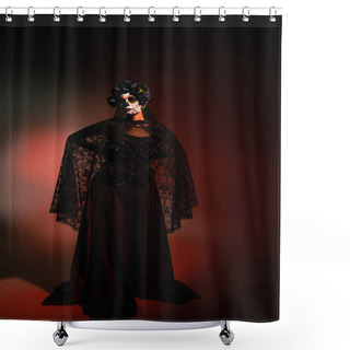 Personality  Woman In Black Costume And Creepy Halloween Makeup Standing On Burgundy Background  Shower Curtains