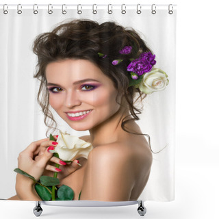 Personality  Young Pretty Woman With Bright Pink Makeup Shower Curtains