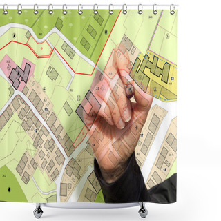 Personality  Imaginary General Urban Plan With Indications Of Urban Destinations With Buildings, Roads, Buildable Areas And Land Plot With Female Hand Writing Shower Curtains