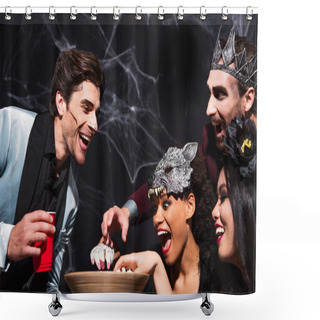 Personality  Astonished Multiethnic Friends Eating Popcorn During Halloween Party On Black Shower Curtains
