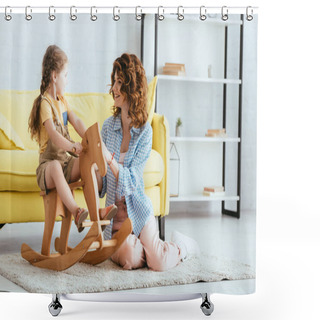 Personality  Smiling Nanny Sitting On Floor And Touching Adorable Kid Riding Rocking Horse Shower Curtains