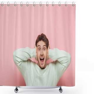 Personality  Scared Man Screaming While Covering Ears With Hands On Pink Background Shower Curtains