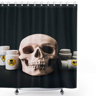 Personality  Skull And Jars With Poison Sign Isolated On Black Shower Curtains