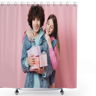 Personality  Curly Teenager Holding Gift Boxes Near Smiling Girlfriend On Pink Background  Shower Curtains