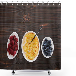 Personality  Top View Of Bowl With Cornflakes Near Plates With Raspberry And Blueberry On Wooden Surface Shower Curtains