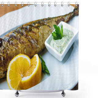 Personality  Close-up View Of Delicious Grilled Mackerel With Sauce And Lemon Slices Shower Curtains