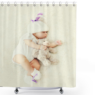 Personality  Sweet Baby Sleeping With Teddy Bear Toy On White Soft Bed At Hom Shower Curtains