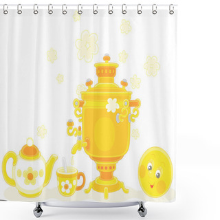 Personality  Freshly Backed Happy Round Loaf And An Old Samovar With Boiling Water In Clouds Of Steam With A Teapot And A Cup For A Traditional Tea Party, Vector Cartoon Illustration On A White Background Shower Curtains