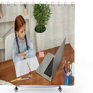 Personality  Little Child Girl Using Laptop For Studying Online Shower Curtains