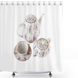 Personality  Porcelain Teapot, Teacup With Saucer And Sugar-bowl  In Retro Style Isolated Over White Background Shower Curtains