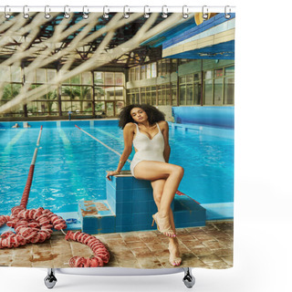 Personality  Curly And Young African American Woman In Elegant Swimwear And High Heels Sitting By Swimming Pool Shower Curtains