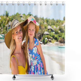 Personality  Cute Girl And Beautiful Mother On The Beach Shower Curtains