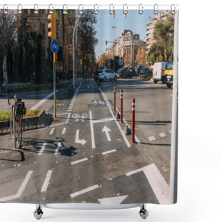 Personality  BARCELONA, SPAIN - DECEMBER 28, 2018: Roadway With Bicycle Lane, Markings And Traffic Light Shower Curtains