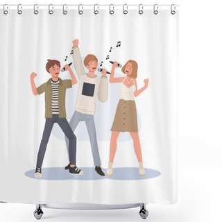 Personality  Group Of People Singing Sing Karaoke And Enjoying Time Together Having Fun. Music Lover, Melody, Song, Hobby. Shower Curtains