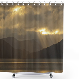 Personality  Sun Through Clouds Over Lake Shower Curtains