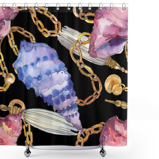 Personality  Blue And Purple Marine Tropical Seashells With Golden Chains Isolated On Black. Watercolor Background Illustration Set. Seamless Background Pattern. Shower Curtains