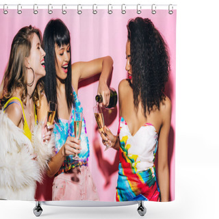 Personality  Emotional Multicultural Girlfriends Pouring Champagne From Bottle Into Glasses On Pink Shower Curtains