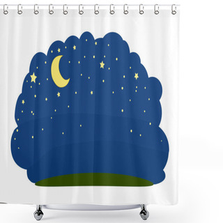 Personality  Cartoon Night Sky Isolated On White Background. Crescent Moon, Stars And Grass On Midnight Sky. Night Sky Scenery Icon. Dreamy Sleep Nightfall Backdrop With Lunar And Starlit Heaven. Stock Vector Illustration Shower Curtains