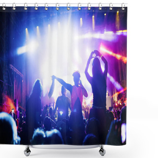 Personality  Portrait Of Happy Dancing Crowd Enjoying At Music Festival Shower Curtains