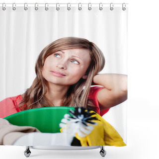 Personality  Portrait Of A Beautiful Woman Doing Housework Shower Curtains