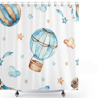 Personality  Hot Air Balloons, Stars, Clouds On A White Background. Watercolor Seamless Boho Pattern For Boys Shower Curtains