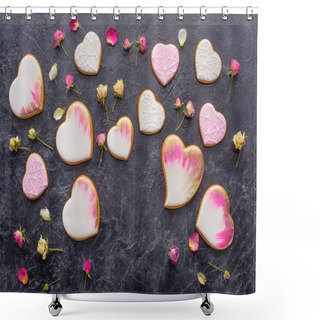 Personality  St Valentines Day Arrangement Of Glazed Heart Shaped Cookies And Decorative Flowers On Dark Tabletop Shower Curtains