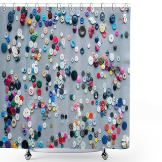 Personality  Top View Of Scattered Colorful Buttons On Grey Cloth Background Shower Curtains
